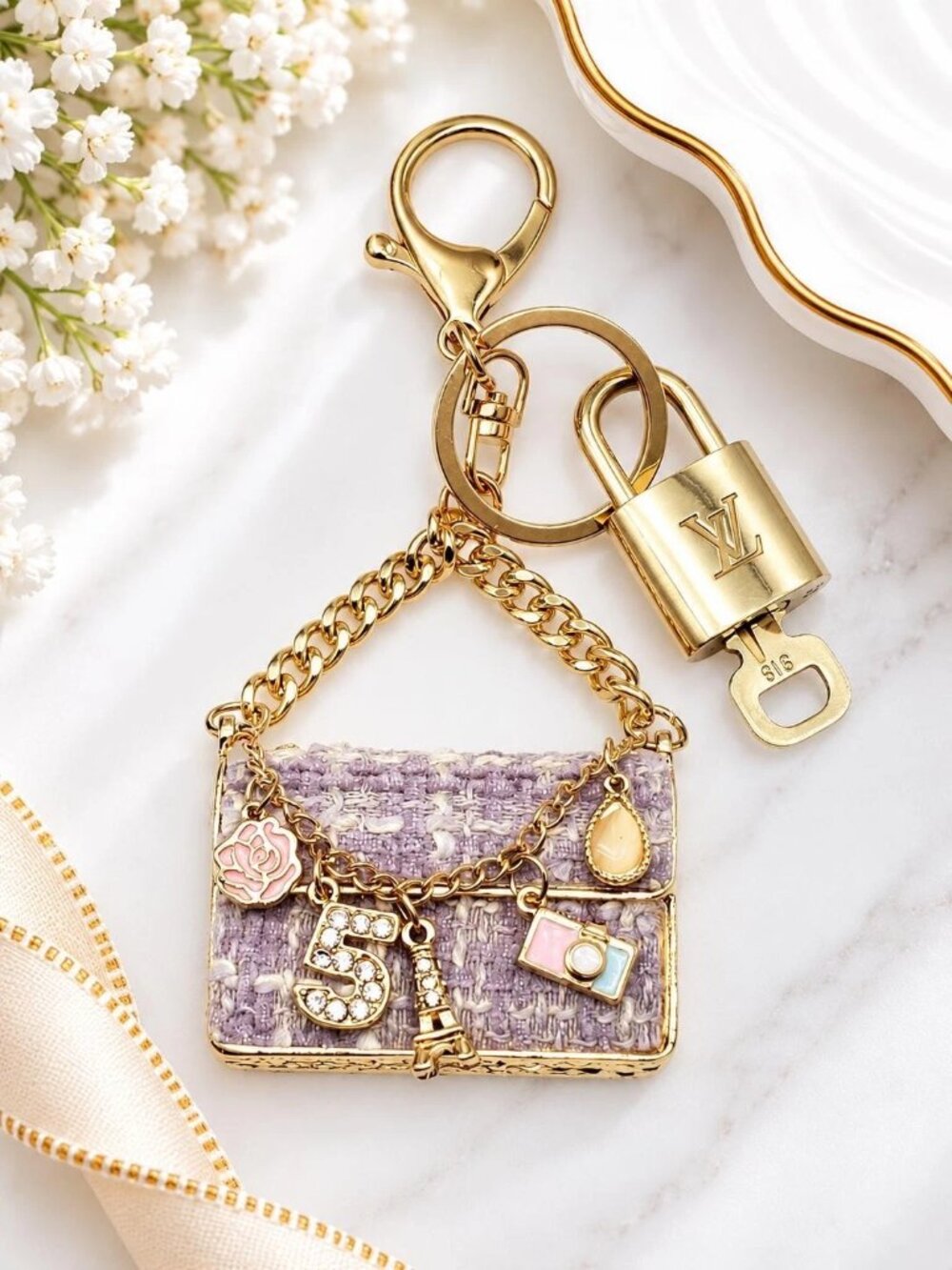 Authentic Louis Vuitton Padlock & Key Gold ✨Unbranded Tweed Bag Charm Keychain